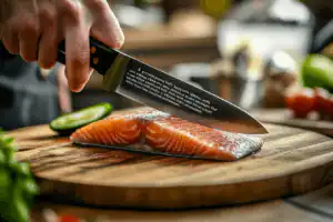 How does Gordon Ramsay make their salmon crispy? 1 A chef's hand scoring the salmon skin with a sharp knife on a cutting board.