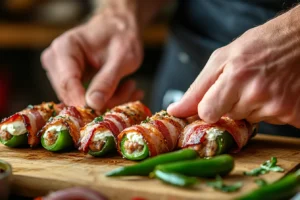 armadillo eggs 4 Hands wrapping jalapeños stuffed with cheese in sausage and bacon on a preparation board.