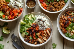 A comparison of Pollo Asado seasoning with annatto seeds and Caribbean allspice in small bowls.