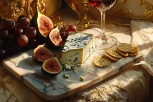 "A platter of blue cheese paired with red wine and fruits on an elegant table setting."