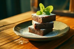 Fudgy spinach brownies stacked on a plate, garnished with powdered sugar and a sprig of mint.