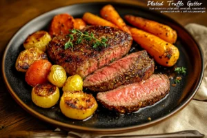 "Sliced Truffle Garlic Butter Steak served on a white plate with herb garnish and a side of roasted vegetables" 
