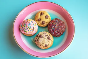 A platter showcasing different cookie cereal flavors, including chocolate chip, peanut butter, oatmeal raisin, red velvet, and funfetti."