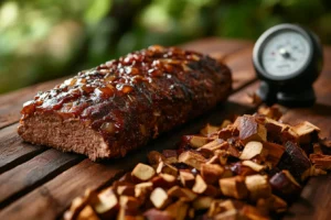 What temperature to smoke a meatloaf? 4 Various wood chips, including hickory, applewood, and cherry, arranged next to a smoking thermometer and a partially smoked meatloaf.