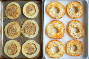 bagel chips 4 A step-by-step display showing sliced bagels, seasoned rounds, and baked golden bagel chips."