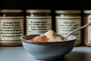 What can I use in place of all-purpose seasoning? 4 A bowl of freshly mixed homemade all-purpose seasoning with a spoon and labeled jars nearby."