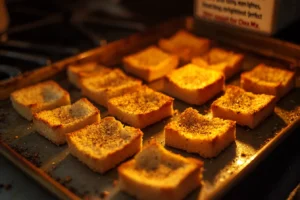 "Homemade toasted bread cubes seasoned with herbs and spices, arranged on a baking sheet." 