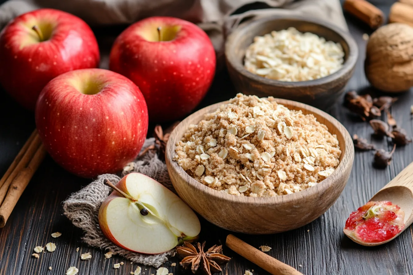 A bowl of apple crisp topping with oats and brown sugar, surrounded by red apples, cinnamon sticks, and star anise on a rustic wooden table.