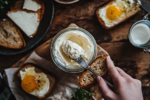 What's the difference between cream cheese and cream cheese spread? 3  A jar of smooth and creamy cream cheese spread with a knife scooping it onto a slice of toast.