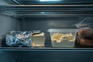What's the difference between cream cheese and cream cheese spread? 5  A refrigerator shelf with cream cheese in its original foil packaging and a sealed tub of cream cheese spread.