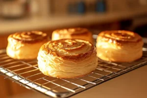 A tray of freshly baked Swiss Gipfeli cooling on a wire rack, with a golden, flaky crust.