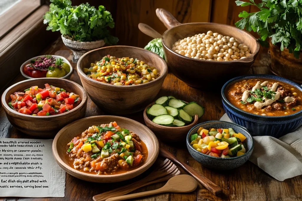 Hominy Recipes – A variety of hominy-based dishes, including pozole, creamy hominy casserole, and hominy stir-fry, displayed on a rustic table.
