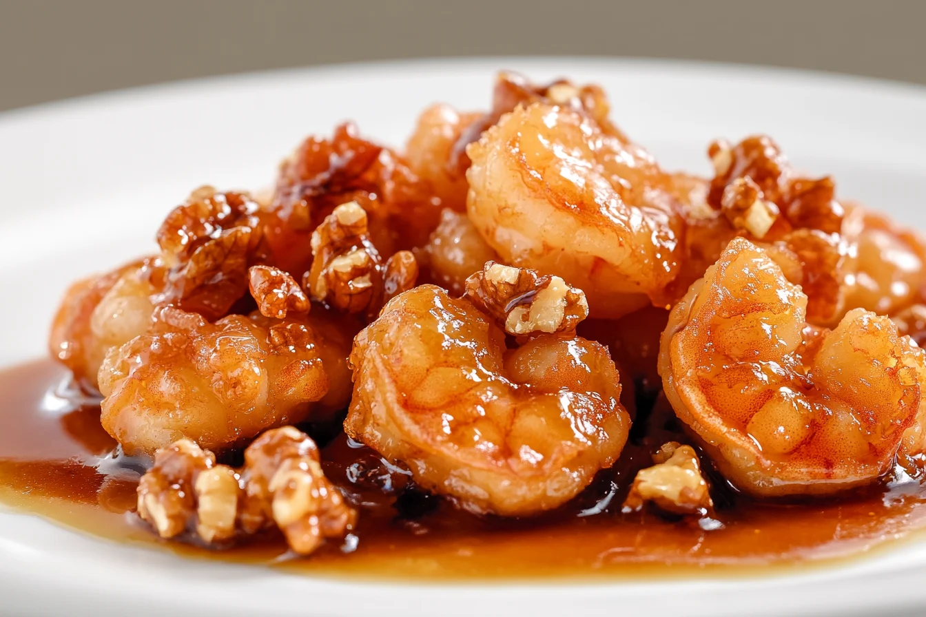 Honey Walnut Shrimp Recipe served on a plate with candied walnuts and a drizzle of sauce