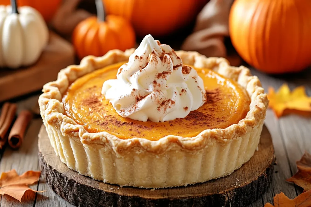 A beautifully presented Pumpkin Fluff Pie with whipped cream topping, a sprinkle of cinnamon, and a graham cracker crust, served on a rustic fall-themed table.