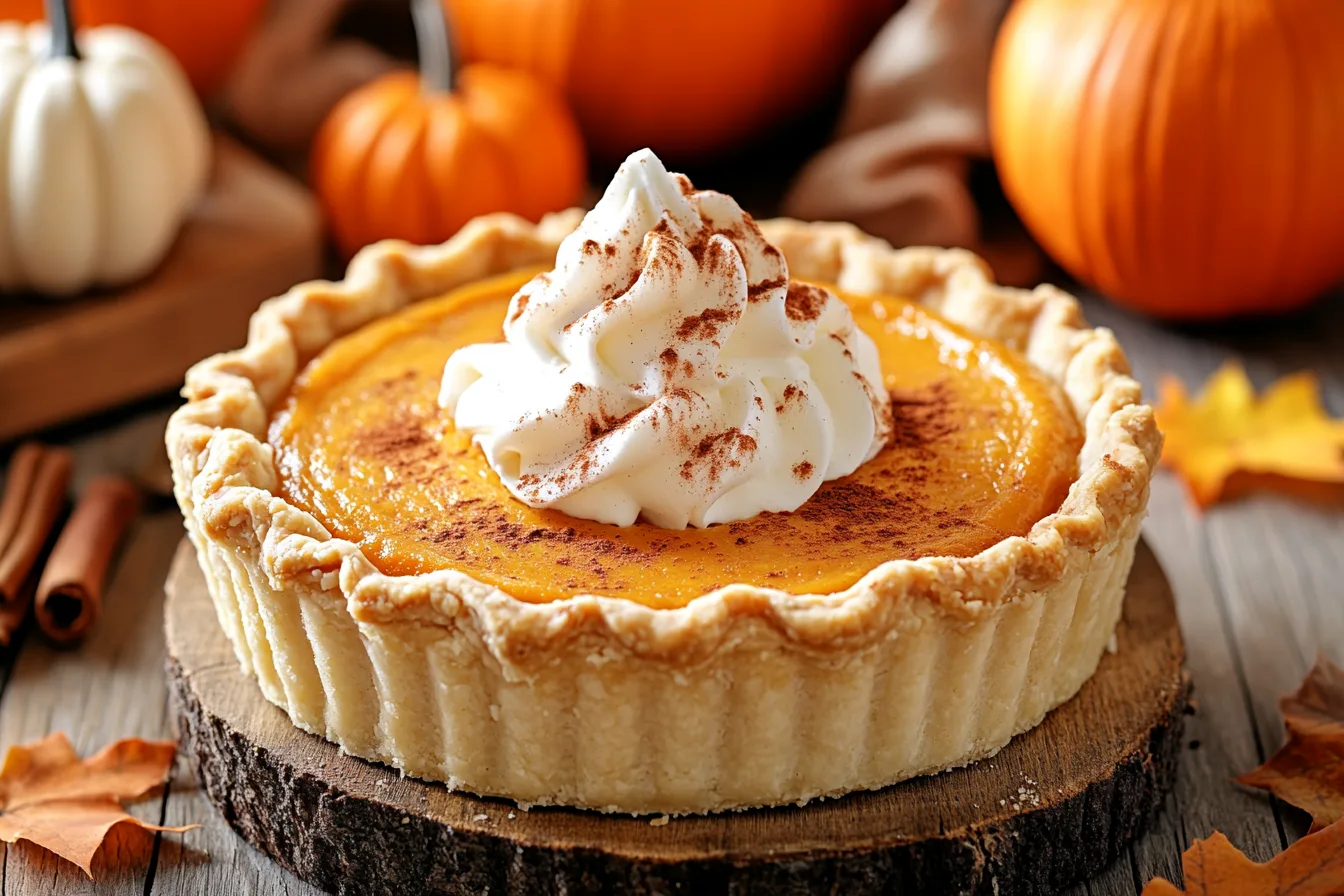 A beautifully presented Pumpkin Fluff Pie with whipped cream topping, a sprinkle of cinnamon, and a graham cracker crust, served on a rustic fall-themed table.