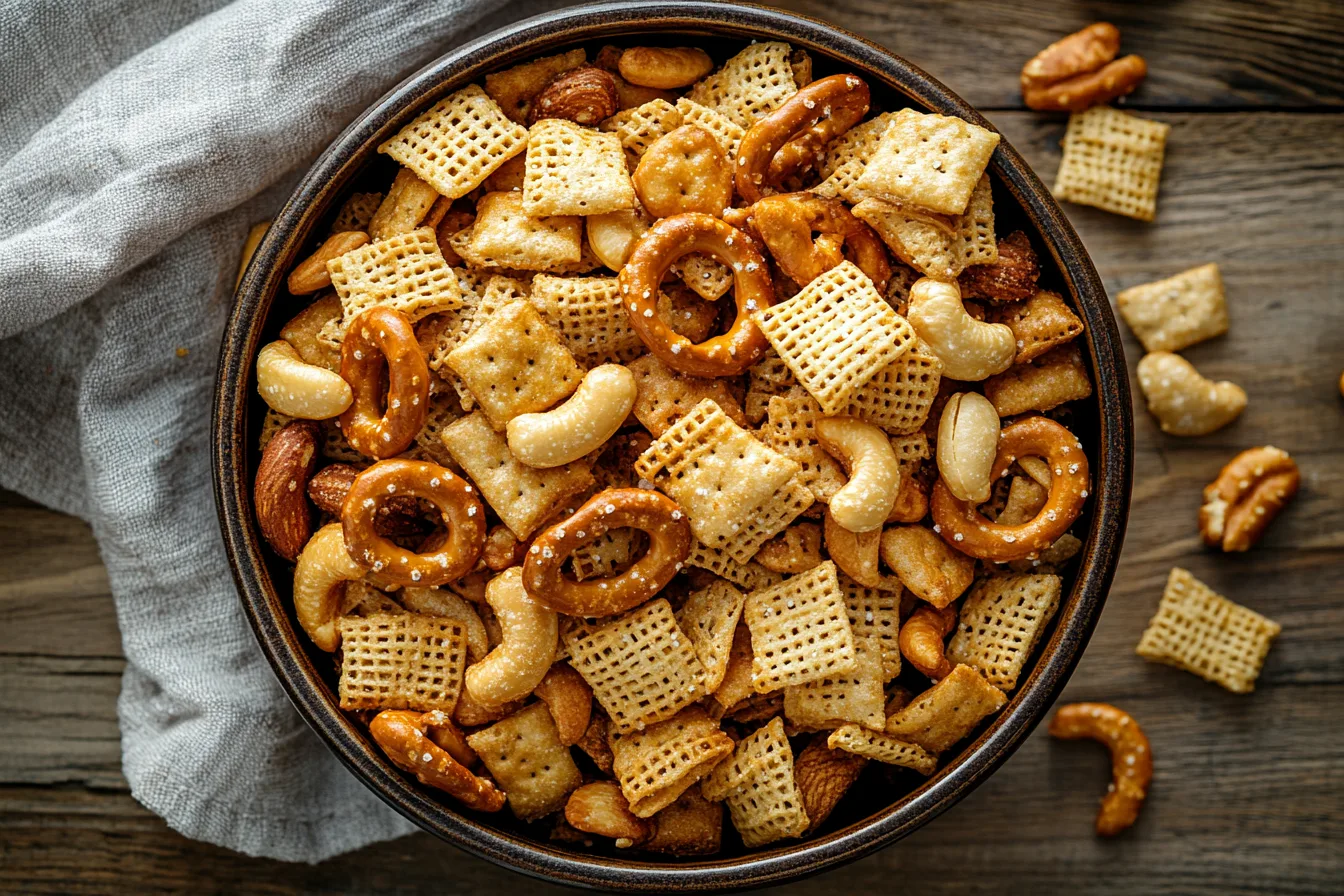 A bowl of homemade Chex Mix Recipe Oven with pretzels, nuts, and cereals, baked to golden perfection.