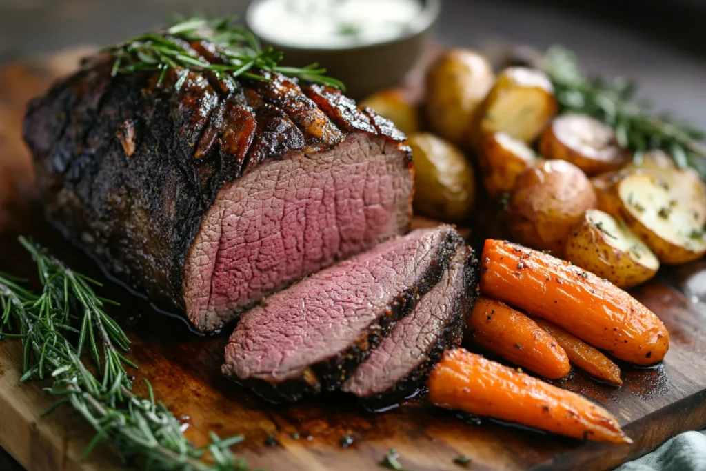 A juicy venison roast sliced on a wooden cutting board, surrounded by fresh herbs and roasted vegetables.