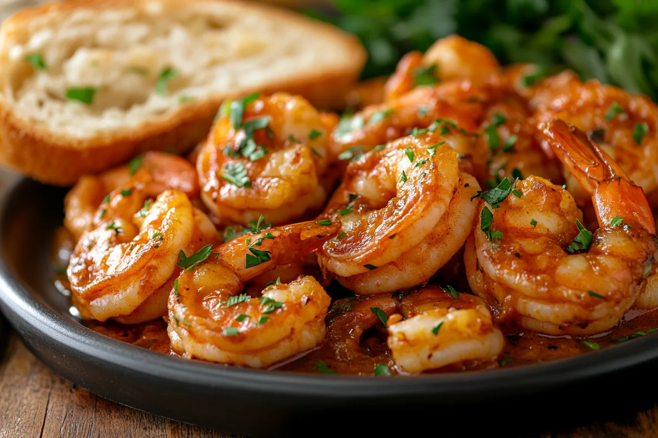 BBQ Shrimp Recipe – A plate of New Orleans-style shrimp in a buttery Creole sauce, served with crusty French bread.