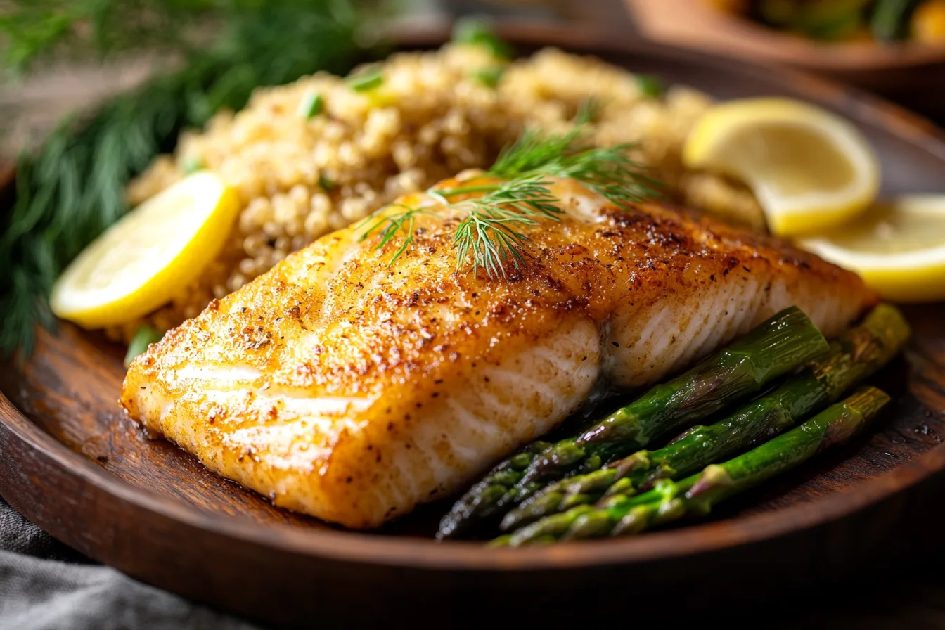 Rockfish Recipes – Fresh rockfish fillets with garlic, lemon, butter, and herbs on a wooden cutting board.