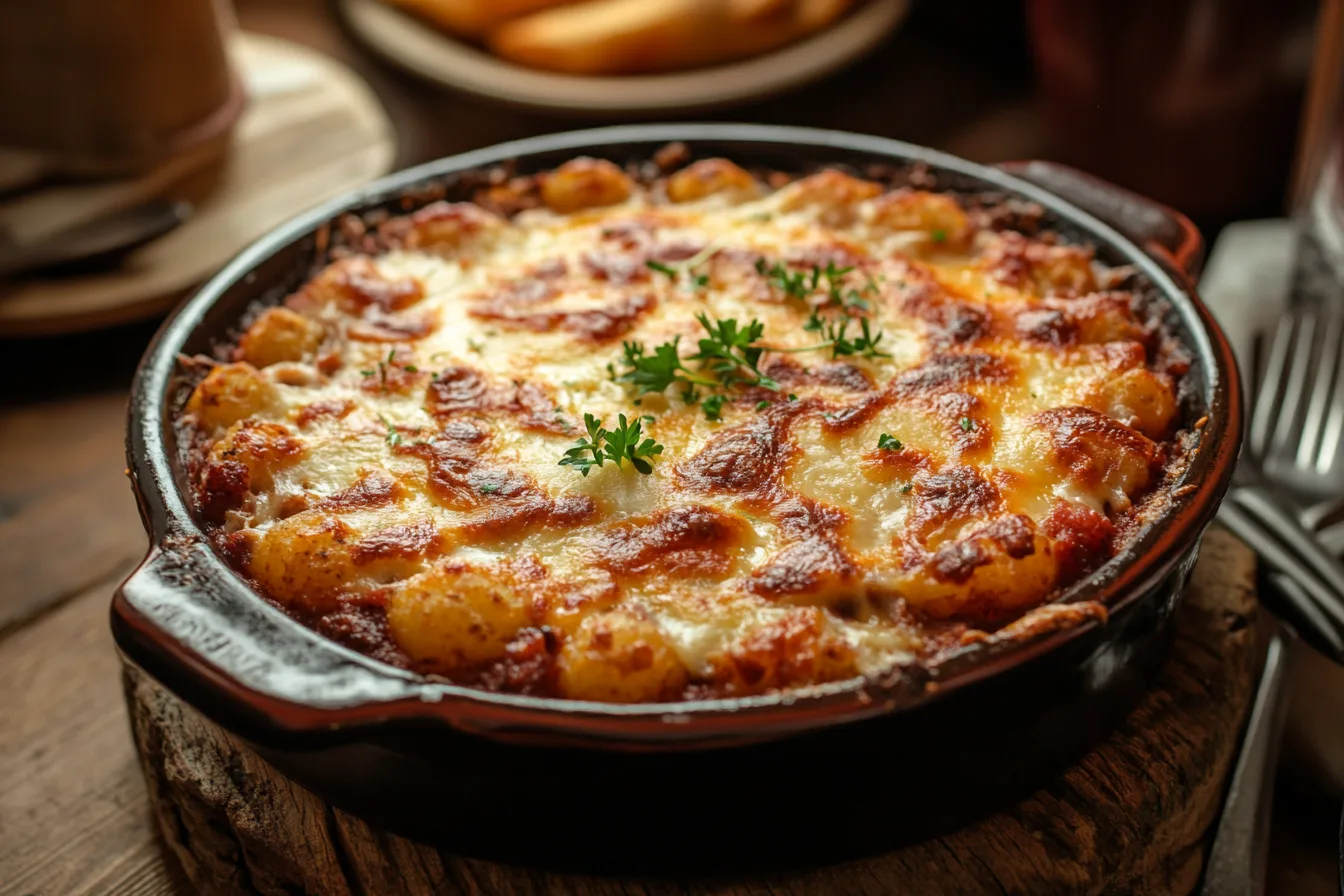 A serving of Cowboy Casserole on a plate with melted cheese and crispy tater tots