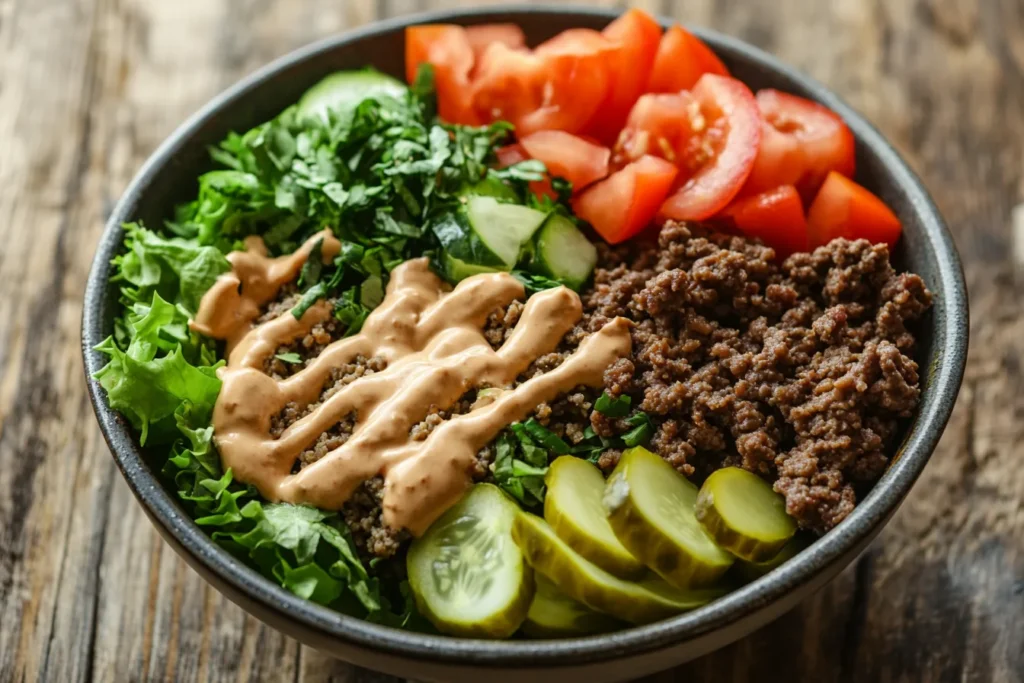 Healthy Burger Bowl Recipe with Trader Joe’s ingredients, including ground beef, romaine lettuce, tomatoes, pickles, and special sauce.