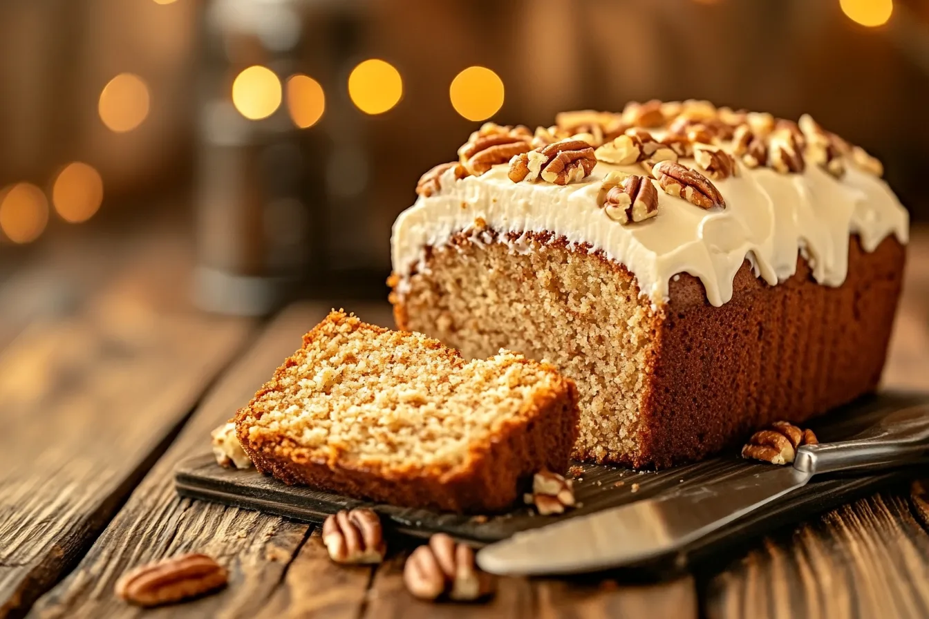 A bowl of creamy butter pecan cake batter with chopped toasted pecans being folded in."