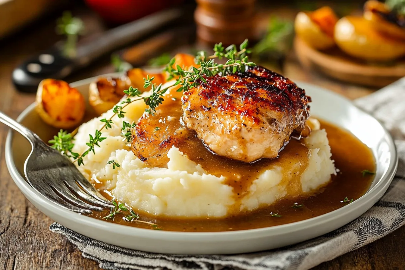 Golden-brown chicken smothered in homemade gravy, served over mashed potatoes with fresh herbs.