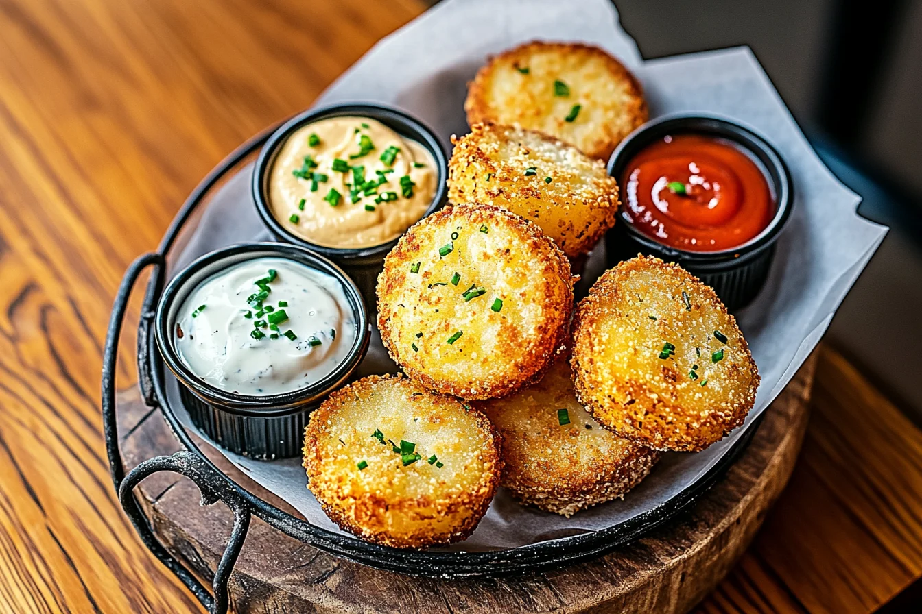 A plate of crispy, golden Cheesy Mashed Potato Puffs, garnished with fresh herbs and served with dipping sauce.