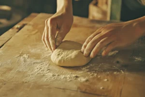 A baker’s hands kneading Swiss Gipfeli dough on a floured wooden surface.