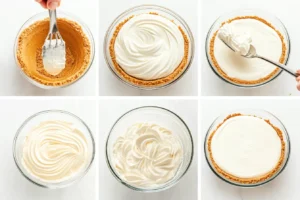 A step-by-step collage showing the process of mixing pumpkin puree, pudding mix, and whipped topping, followed by pouring the filling into a graham cracker crust. 