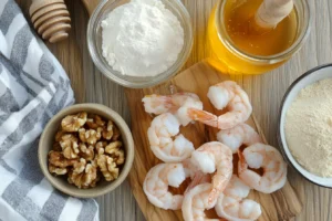 honey walnut shrimp recipe 3 Ingredients for Honey Walnut Shrimp Recipe - fresh shrimp, honey, walnuts, cornstarch, and mayonnaise