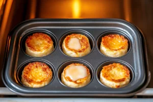 A tray of evenly shaped Cheesy Mashed Potato Puffs in a mini muffin tin, ready for baking.