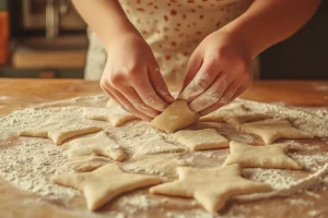 A baker rolling Swiss Gipfeli dough into crescent shapes on a floured countertop.
