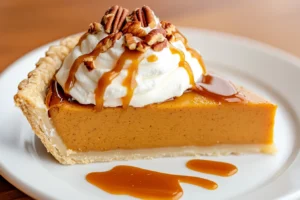 A beautifully sliced piece of Pumpkin Fluff Pie topped with whipped cream, caramel drizzle, and crushed pecans, served on a dessert plate. 