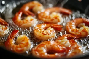 honey walnut shrimp recipe 4 Shrimp frying in hot oil in a pan for Honey Walnut Shrimp Recipe