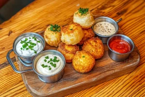 A platter of crispy Cheesy Mashed Potato Puffs served with an assortment of dipping sauces including sour cream, garlic aioli, and spicy sriracha mayo. 