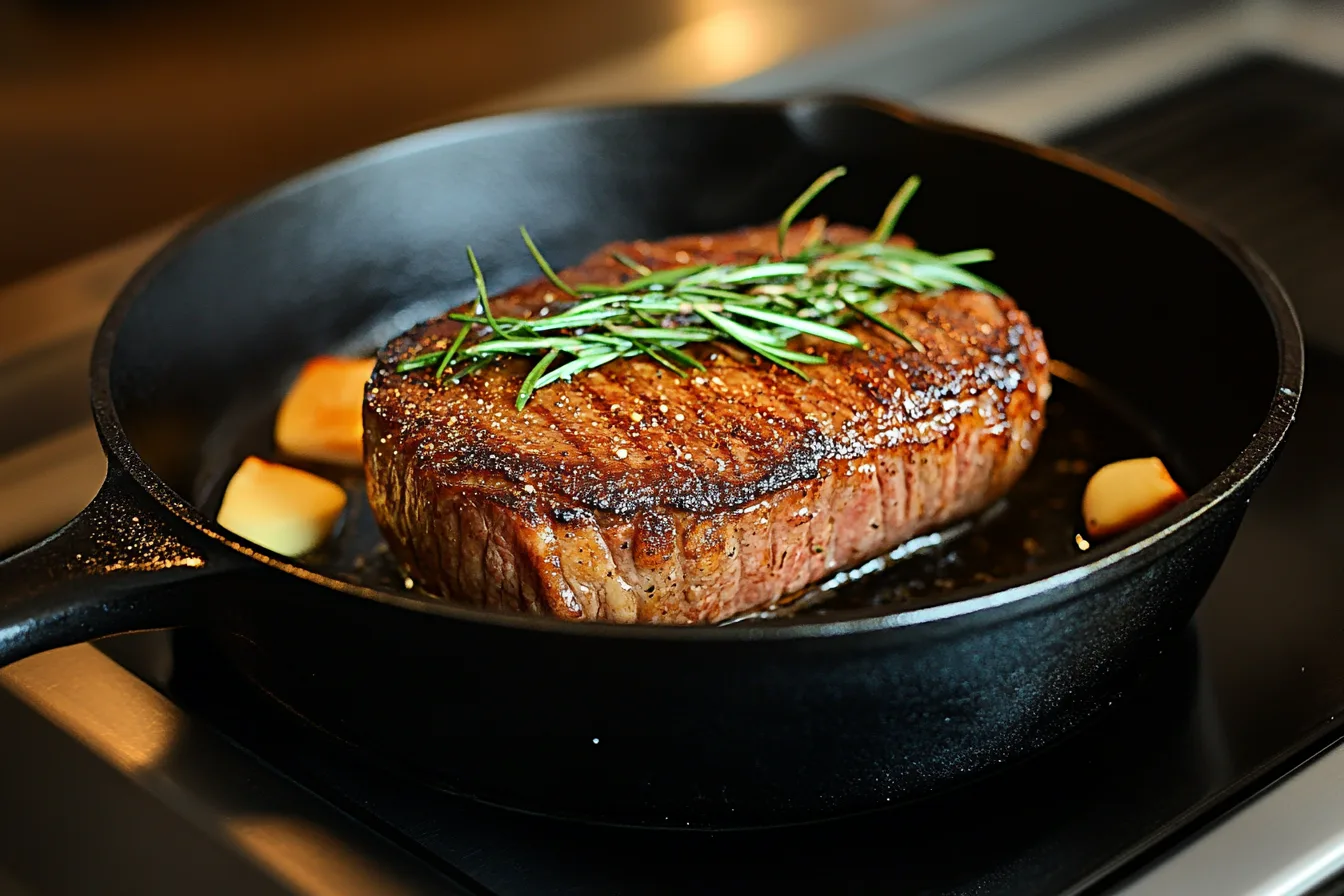 A ribeye roast being seared in a cast-iron skillet, locking in flavor and creating a crispy crust.