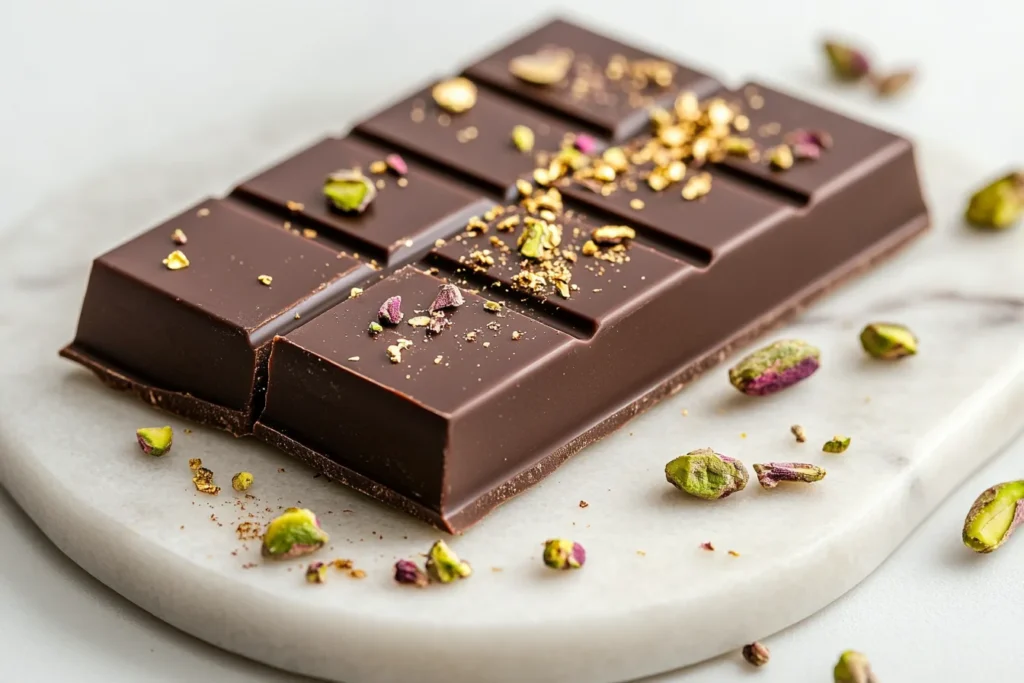 Dubai Chocolate Bar Recipe – A rich, handcrafted chocolate bar infused with cardamom, rose water, and pistachios, elegantly presented on a dessert plate.