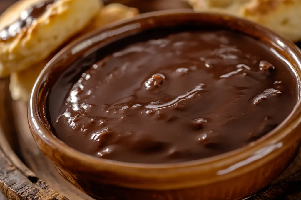 Chocolate gravy recipe served with warm biscuits on a white plate.