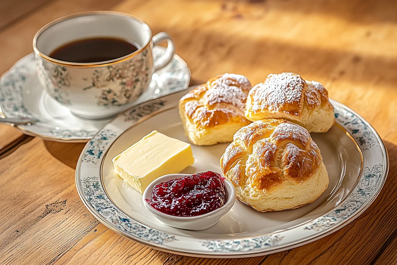 Swiss Gipfeli recipe – freshly baked pastries served with jam, butter, and coffee.