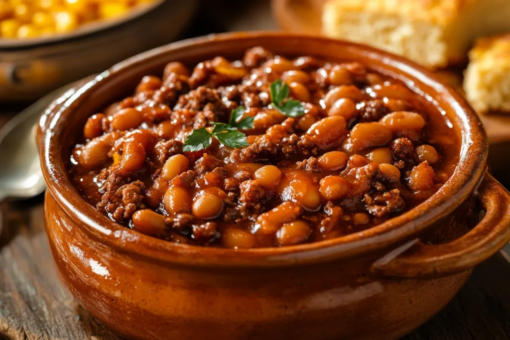 Baked beans with ground beef in a rustic casserole dish