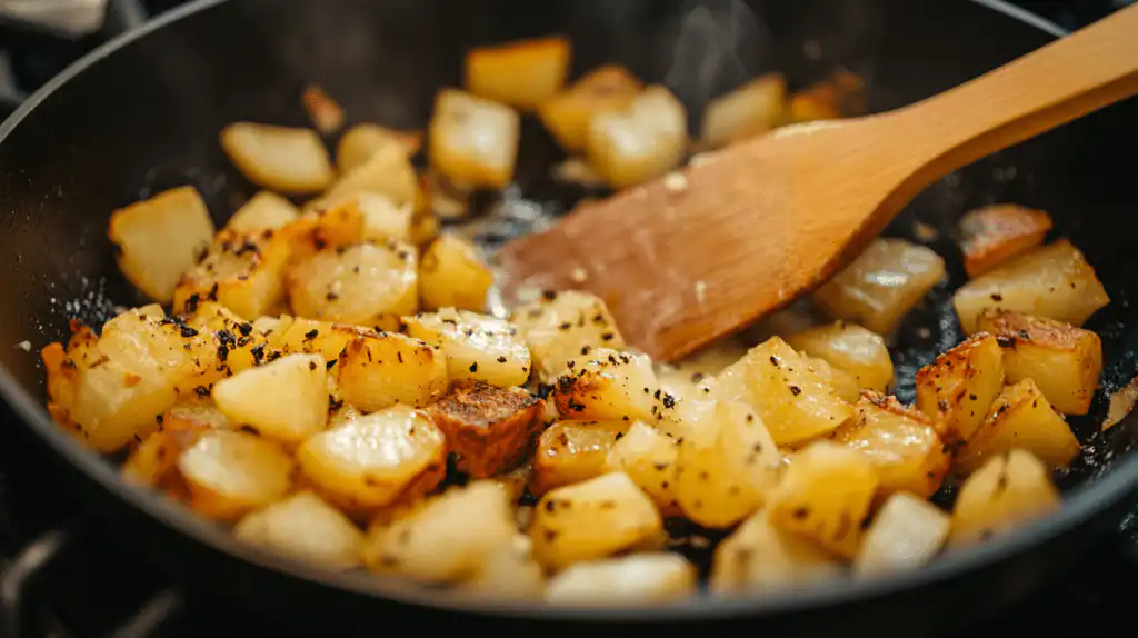  Diced russet potatoes and onions sizzling in a skillet with melted butter.