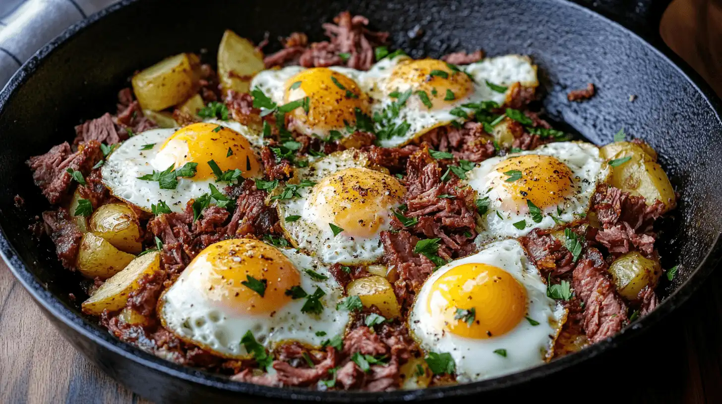 Corned beef hash recipe with crispy potatoes and eggs in a cast-iron skillet