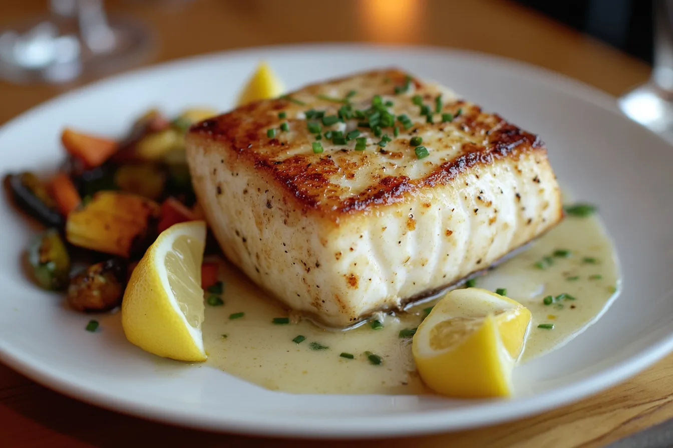 Lemon Garlic Swordfish Recipe plated with fresh lemon slices and herbs