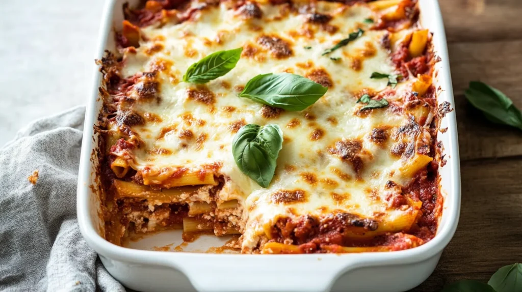 Baked ziti recipe without meat in a casserole dish, topped with melted golden mozzarella and fresh basil.