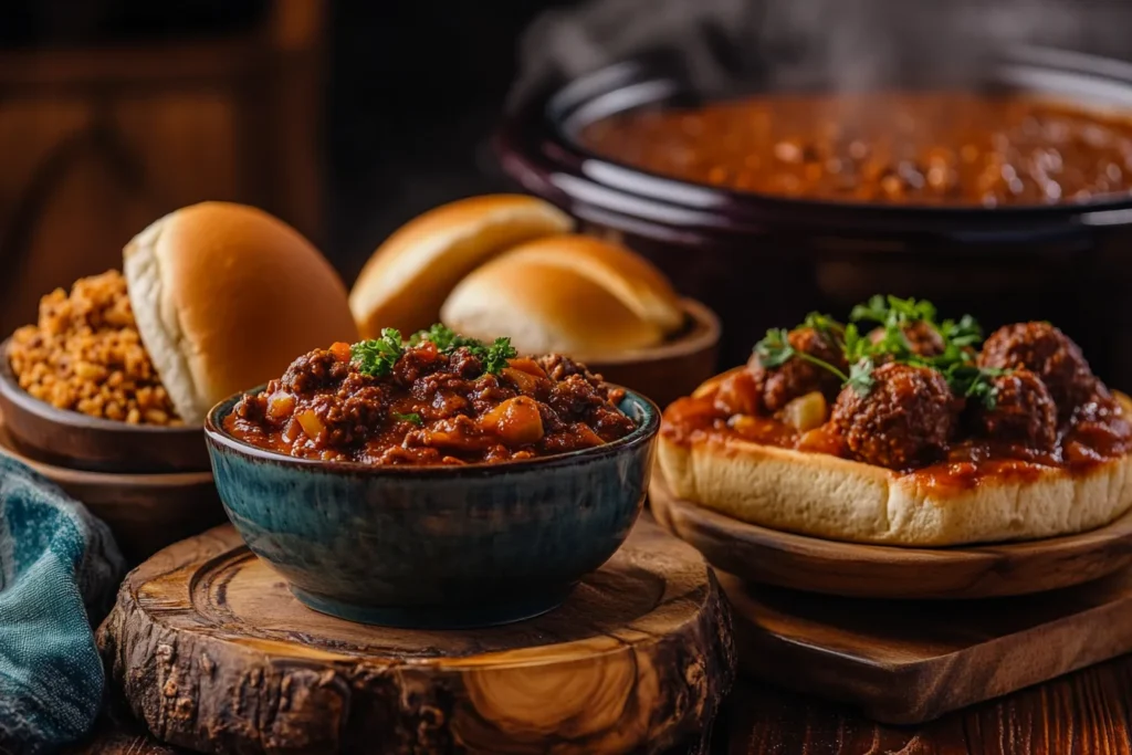 Crockpot ground beef recipes featuring slow-cooked chili, sloppy joes, and meatballs.