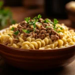 Egg Noodles and Ground Beef Recipes served in a rustic bowl.