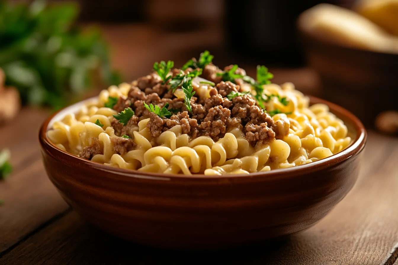 Egg Noodles and Ground Beef Recipes served in a rustic bowl.