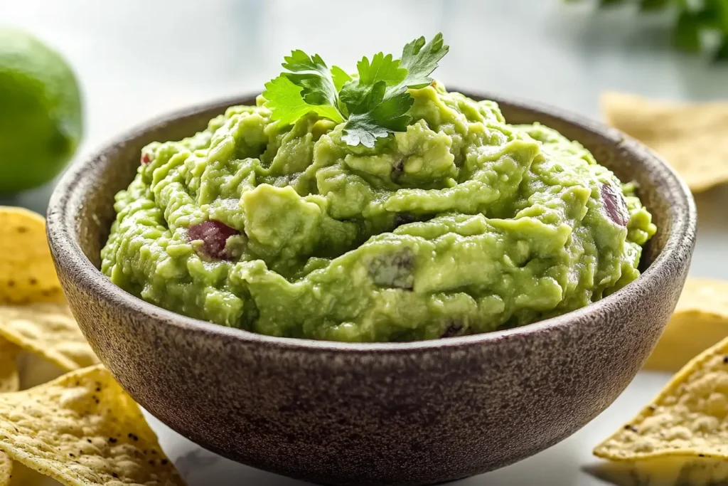 Easy 3-Ingredient Guacamole Recipe in a bowl with tortilla chips