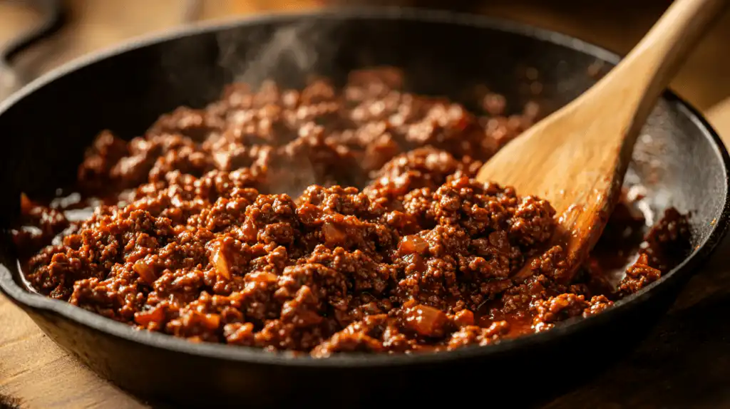 Ground beef cooking in a skillet for a Classic Homemade Sloppy Joe